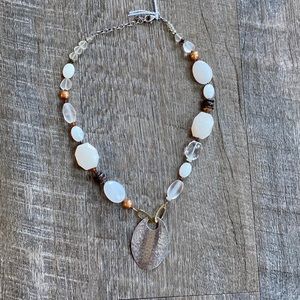Silpada necklace shell, brass, palmwood, coco beads, white jade etc.